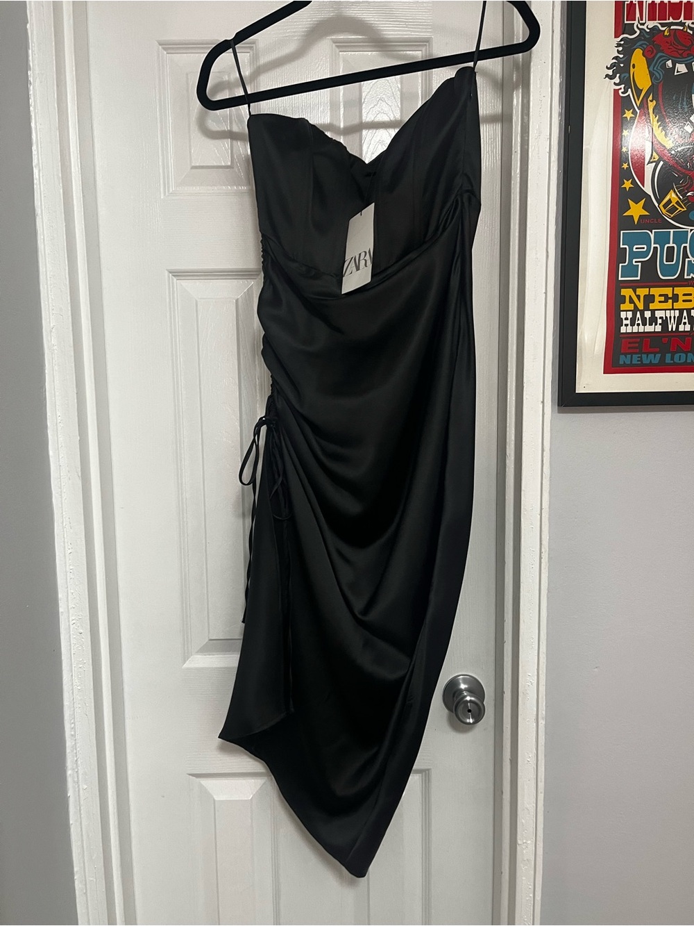 Zara Black Satin Ruched Split Hem Draped Slip Dress